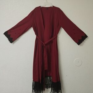 Elegant Burgundy Kimono with Lace Trim